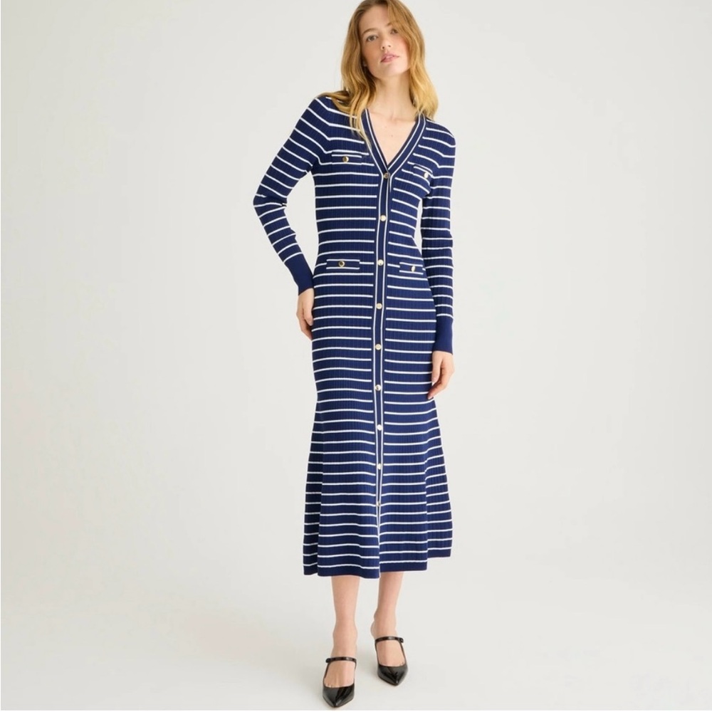 NWOT J. Crew Button-Up Sweater Dress in Navy Stripe (sold out online)